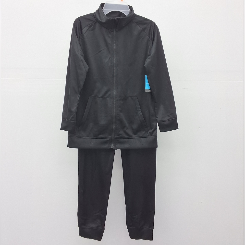 Boys Black Tricot Jogger Set - Zip Jacket & Track Pants (2 PC Set), Size 14/16